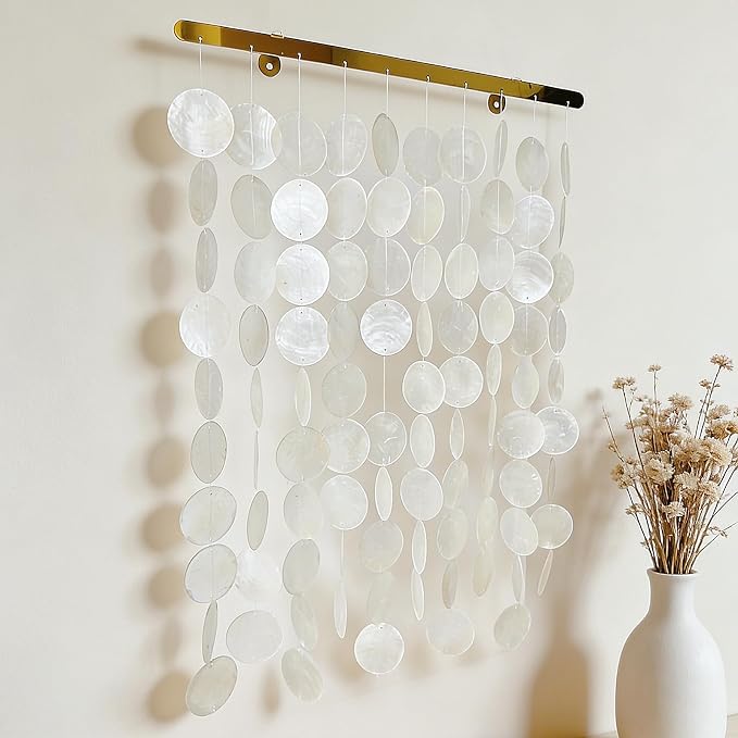 DHHOUSE Handmade Capiz Shell Wall Art, 16x22 Inch Coastal Shell Wall Hanging ornaments with Stainless Steel Rail for Wall Decor