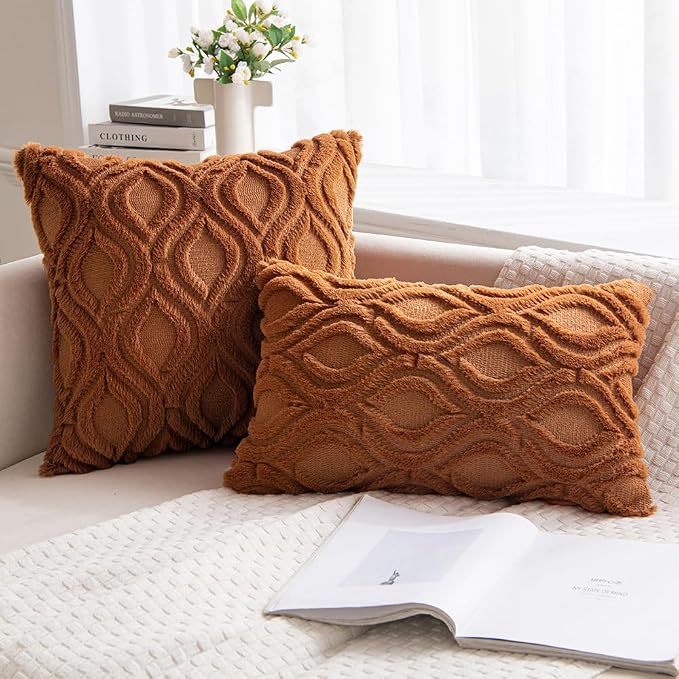 MIULEE Burnt Orange Fall Soft Plush Faux Wool Throw Pillow Covers 20x20 | Set of 2, Farmhouse Boho Home Decor, Decorative Cushion Covers for Sofa, Living Room, Bed