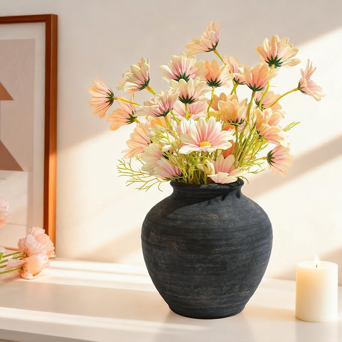 Ceramic Flower Vase Home Decor, 6.2 inch Farmhouse Rustic Vintage Decorative Vases, Pottery Terracotta Boho Flowers Vases for Dining Table, Living Room, Shelf, Kitchen, Bedroom (6.2"-Bronze)