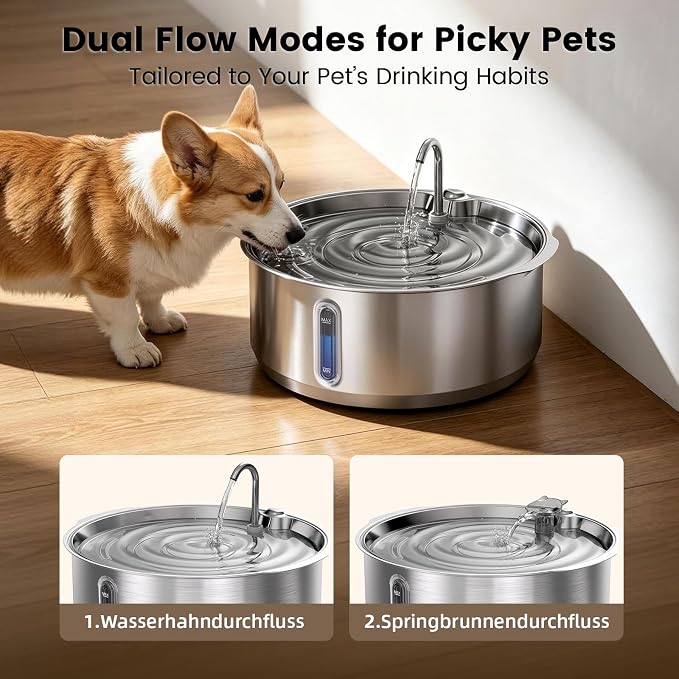 Invengo 8L/270oz Quiet Stainless Steel Dog Water Fountain, 12 Filters | 50% Thicker 6mm Steel, Dual Filters, 6-Layer Deep Purification, Under 25dB Whisper-Quiet Operation, 2 Flow Modes