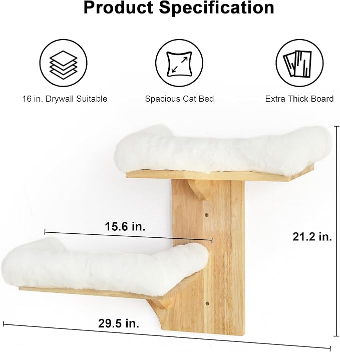 FUKUMARU Cat Wall Shelves, 2 Platform with Soft Cushion Perch | Floating Shelf Kitten Furniture, Solid Rubber Wood Cats Perch For 16 Inch Drywall, Suitable for Climb, Play, Nap