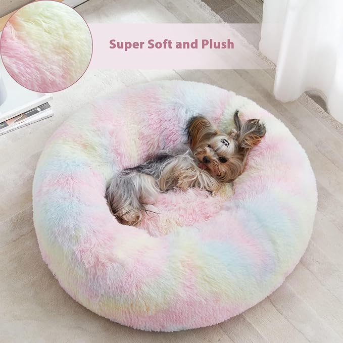 WNPETHOME Large Round Calming Dog Bed Cat Bed for Comfy Sleep | Large Cute Washable Puppy & Cat Bed with Fluffy Plush, Faux Fur Anti Anxiety Pet Bed Donut Cuddler (45x45x10 Inch, Rainbow)