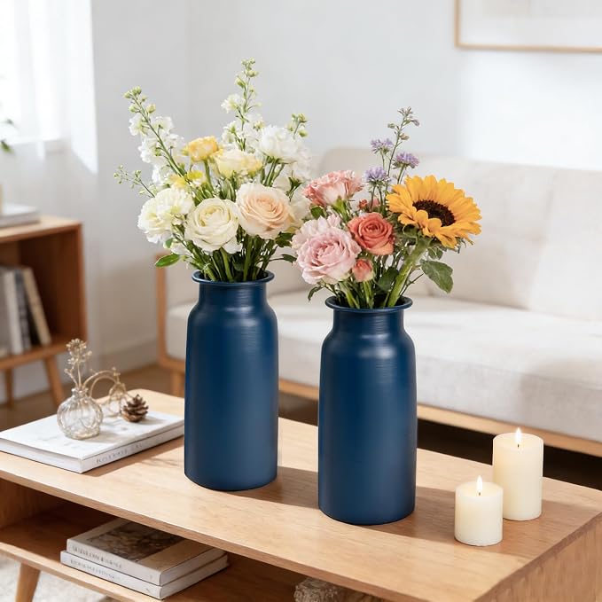 Set of 2 Navy Blue Seamless Metal Flower Vase, 10.8" Tall Modern Matte Blue Floral Vase Pair, Shatterproof Leakproof, Sophisticated Home Decor Centerpiece for Table, Mantle, Shelf