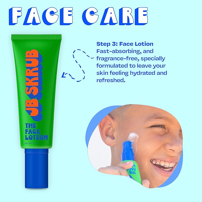 JB SKRUB Boys Acne Skincare Kit for Teens‚ Complete 4-Step Routine: Face Wash, Lotion, Cleansing Pads & Pimple Patches‚ Starter Set