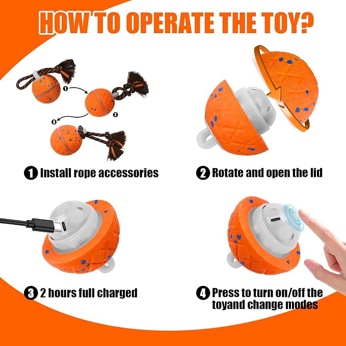 Smart Interactive Dog Toy Ball, Automatic Moving Dog Balls Smart Herding Ball for Dogs with Birdsong E-TPU Material, IPX7 Waterproof (Orange)