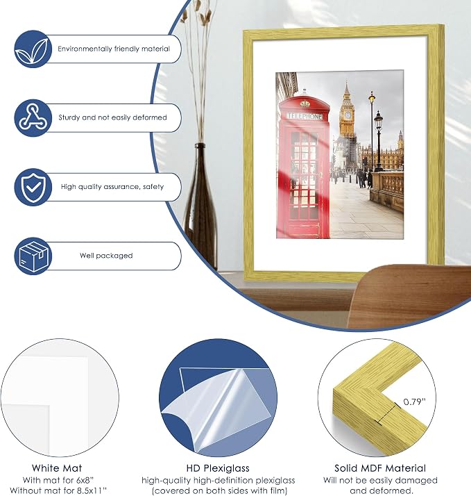 11x14 Picture Frame Set of 6, Wall or Tabletop Display, Gold | Display Pictures 8x10 with Mat or 11x14 Without Mat, Horizontal or Vertical, Gallery Wall Frame Set, Wedding Birthday Gifts