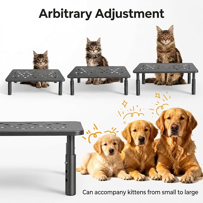 Raised Automatic Cat Feeder Stand for Double Bowl Feeders, Carbon Steel 14.57 x 9.25 in, 3 Adjustable Heights 3.94-5.5 in, Non-Slip, Fits Feeders & Water Dispensers, No-Drill (Black)