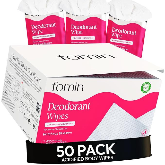 FOMIN Acidified Travel Deodorant Wipes For Women & Men - 50 Count - Patchouli Blossom - pH Balanced, Mini Deodorant Travel Size Wipe - Plastic-Free, Individually Wrapped Underarm Body Wipes