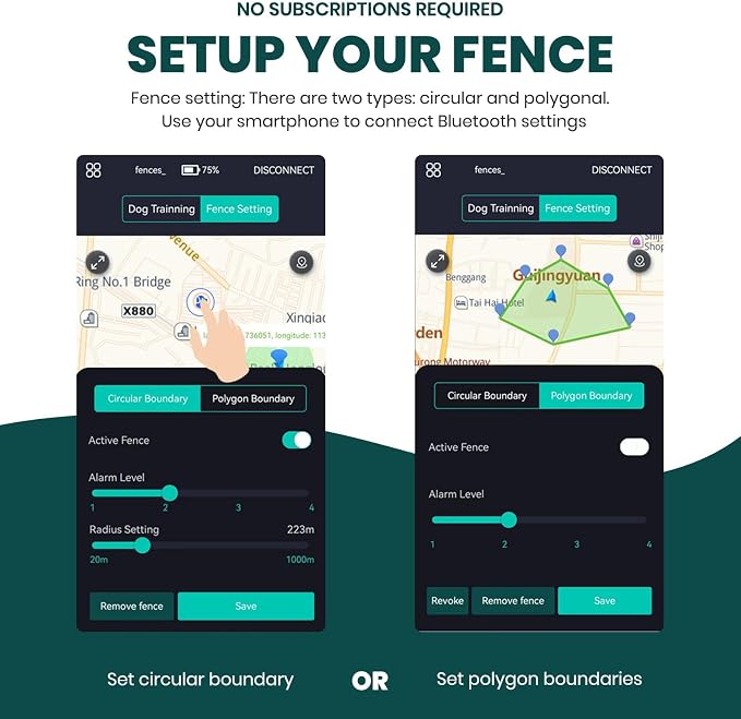 GPS Dog Fence, Wireless Training Collar- No Subscription Required, Customizable Boundaries via App 3280 FT, IPX7 Waterproof Rechargeable Collar, Smart Training Fence, Automatic Sleep/Wake