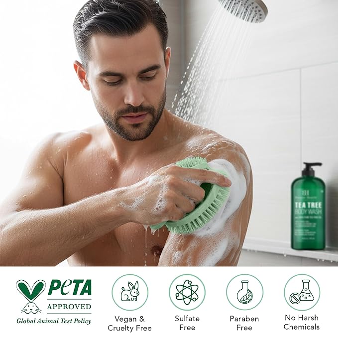 Botanic Hearth Tea Tree Body Wash with Silicone Dual-Sided Design Body Brush & Scrubber | Infused with 100% Pure Tea Tree Oil, Coconut, Jojoba |Foot & Body Cleanser | Paraben Free |16 fl oz