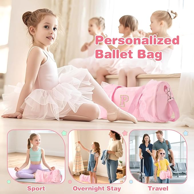 Personalized Initial Dance Bag for Girls 4-6, Small Lace Gym Sport Yoga Cheer Dance Bags Gift for Teen Girls, Cute Letter Kids Ballet Bag Toddler Travel Duffel Tote with Adjustable Straps(Pink-P)