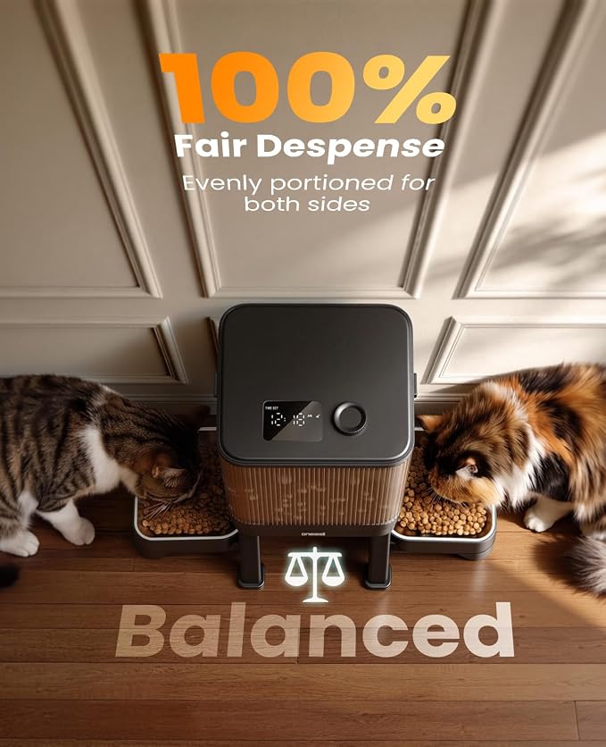 oneisall Automatic Cat Feeder for 2 Cats Pets, 32 Cups/7L | Elevated Bowls, Prevent Fighting, Precise Portions, Balanced Dispensing, Non-Slip & Stable, Easy-to-Clean