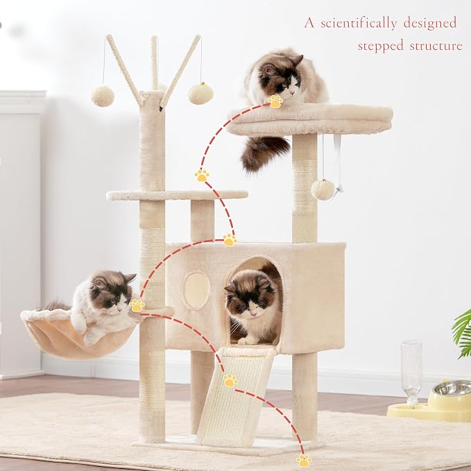 Hey-brother Cat Tree Tower with Removable Toys, Scratching Posts, MPJ008SM | 41.3 Inches Plush Cozy Condo with Platform, Hammock, Sisal Scratch Board and Ball for Indoor Cats, Beige