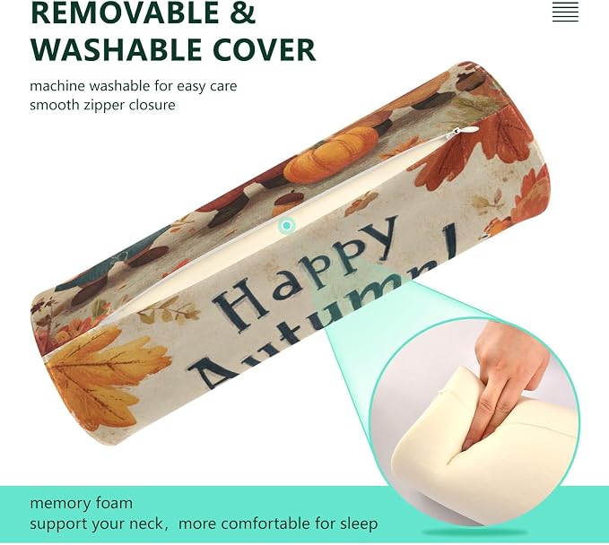 Fall Gnomes Pumpkin Maple Leaves Neck Roll Pillow Bolster Round Health Memory Foam Long Cervical Cylinder Pillows with Removable Washable Cover for Body Bed Legs Back Yoga