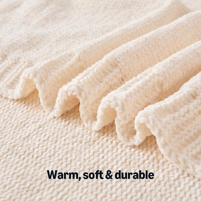 Amazon Basics Chunky Chenille Knit Throw Blanket for Couch, Bed and Sofa, Soft and Warm Lightweight Jersey, 60"×80", White