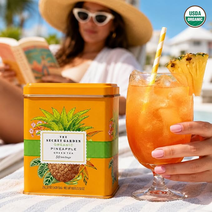 Life Plus Style Gourmet The Secret Garden Organic Pineapple Green Tea Premium Naturally Caffeinated Tropical Fruit Daily USDA Certified Green Tea Non GMO Herbal 50 Tea Bags Gift Tin Enjoy Hot or Iced