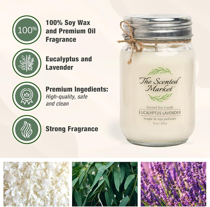 The Scented Market Aromatherapy Soy Wax Candle Eucalyptus Lavender 16 oz Mason Jar, Over 100 Hours of Burn Time, Ideal for Your Home and Gift Giving.