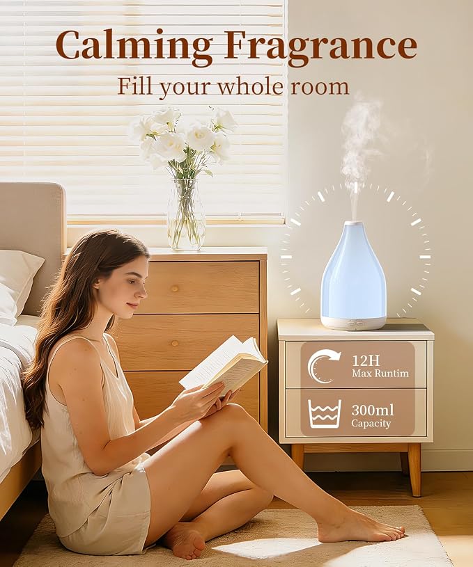 Essential Oil Diffuser for Large Room, Modern Stylish Aroma Diffusers Home Decoration, 12 Hours Cool Mist Ultrasonic Humidifier, Colorful Ambient Light & 1-3-6H Timer Off, White