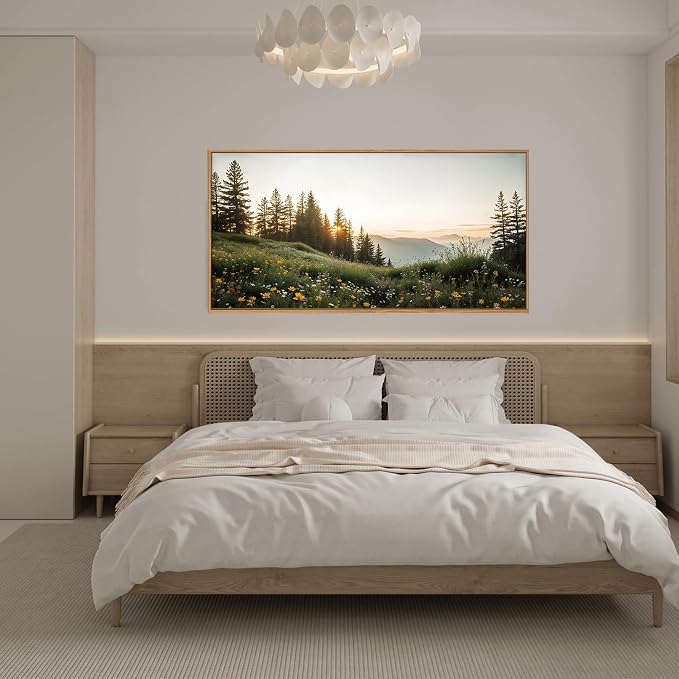 FWIEXA Green Forest Mountain Framed Canvas Wall Art Set, Wildflower Meadow Wall Decor, Floral Pictures Artwork, Nature Sunset Landscape Art Prints for Living Room, Bedroom, Office - Size 20"x40"