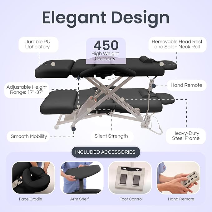 Electric Massage, Spa, and Treatment Table with Salon Top - Adjustable Height, Backrest, and Knee Section, Foot Control, ADA Compliant Treatment Table for Professionals