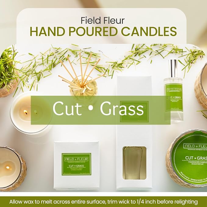 Cut Grass Scented Candle – 12oz Luxury Soy Wax, 2-Wick in Handwoven Glass Jar, Fresh-Cut Wisteria and Jasmine - 75+ Hour Clean Burn, Made in USA