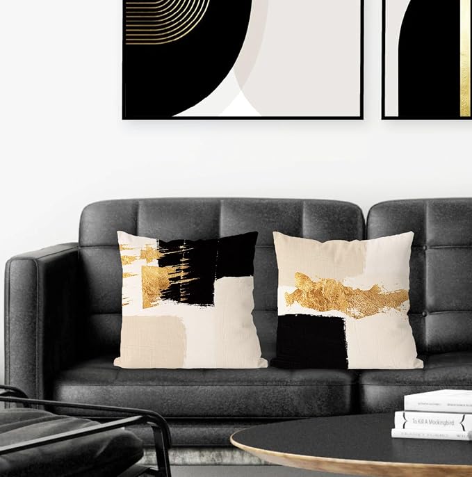 Black Beige and Gold Abstract Pillow Covers 22x22 Double-Sided, Mid Century Modern Decorative Throw Pillow Covers for Living Room Bedroom, Modern Home Decor, Black and Gold Decor, Set of 2