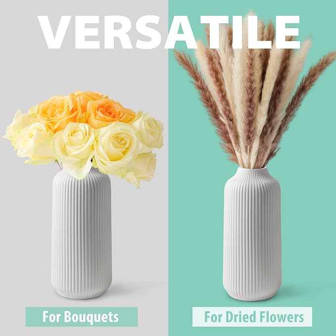 flature Ceramic Vase in Nordic Style, Decovase for Pampas Grass as Boho Deco, Vase White Matt 8 inch for Flowers, Scandinavian Design Home Decoration for Fresh Flowers, Dried Flowers (Size M)
