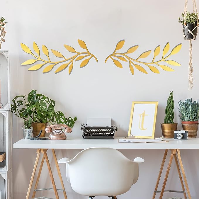Zhengmy 2 Pcs Metal Leaf Wall Art Vine Branch Decor,Gold | Olive Branch Metal Decor for Living Room Hallway, Symmetrical Leaf Pair for Doorway Entryway, Lightweight Hanging Art Design