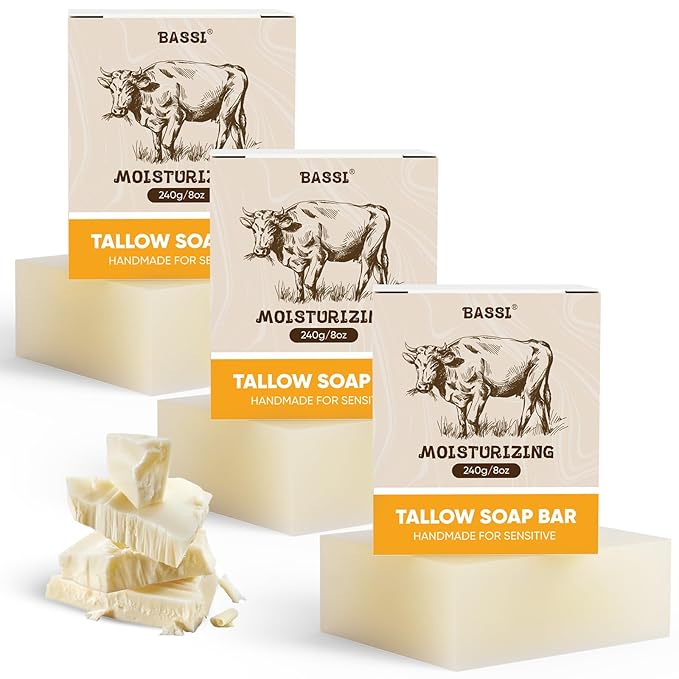 Beef Tallow Soap Bar, 2 Pack All Natural Grass Fed Tallow Soap, Moisturizing Face & Body Wash, Handcrafted Bath Soap Great for Dry, Itchy, Sensitive Skin, 4 Oz/pc