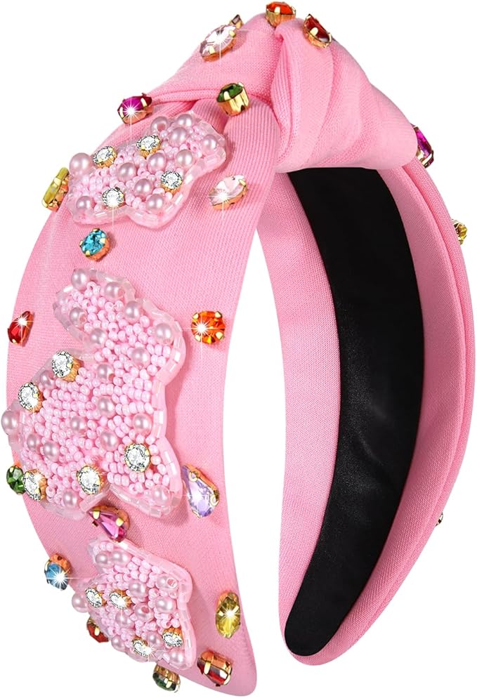 mokkia Easter Headbands Beaded Rabbit Bunny Headband for Women Pink Spring Knotted Headband Easter Hair Accessories Gifts