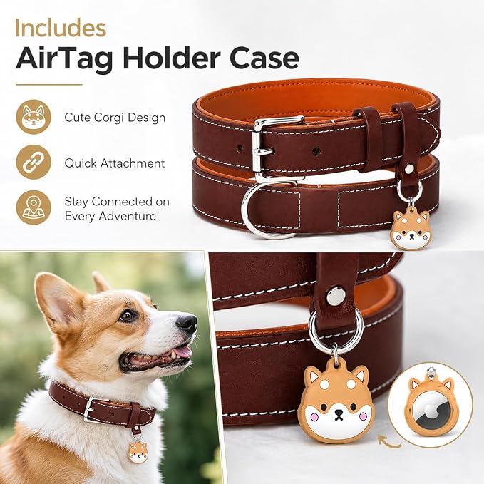 Genuine Leather Dog Collar, Soft Padded Leather Dog Collars with Airtag Holder Case for Small Medium Large X-Large Dogs,Comfort Heavy Duty Pet Collar with Durable Metal Buckle & D-Ring-Brown/L