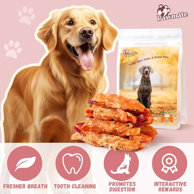 Pawmate Dog Treats Chicken Jerky Wrapped Double Sweet Potato 10.6oz | Healthy Chicken Jerky Dog Chews, High Protein Low Fat Dog Chewy Training Snacks for Small Medium Large Dogs, 12-15 Counts