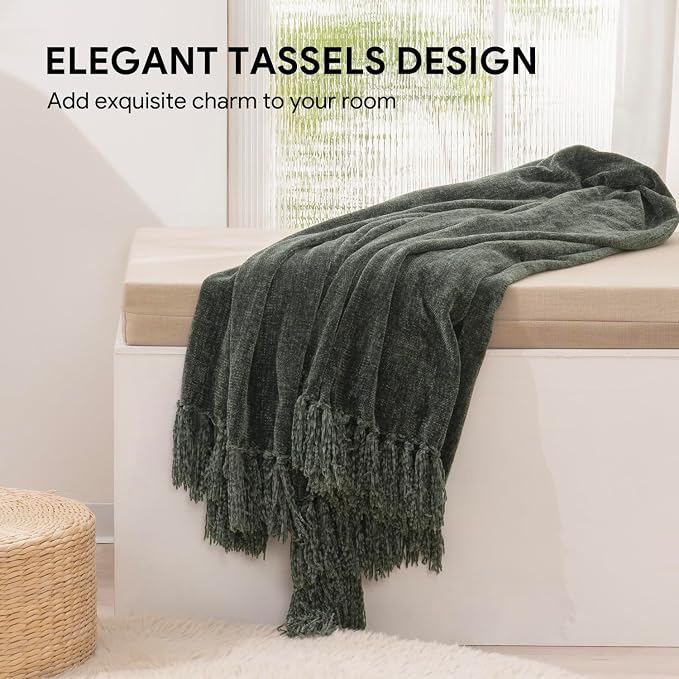 RECYCO Chenille Throw Blanket for Couch, 60"x80", Dark Green | Super Soft Knit Throw Blanket with Fringe Tassels, Lightweight Knitted Throw, Cozy, Ideal for Sofa Chair Bed Living Room Gift