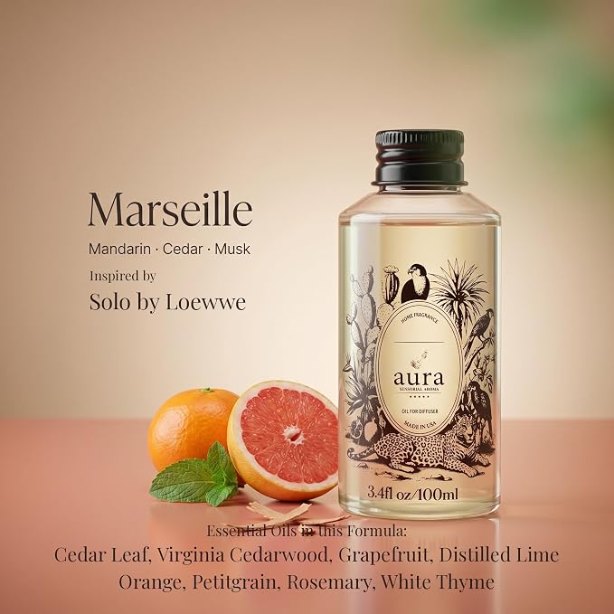 A U R A - Marseille Fragrance Oil for Waterless Scent Diffuser - Inspired by Loevve-Solo | (3.4 fl oz, 100 ml) Pure Essential Oil Blends for Aromatherapy Diffuser & Hotel Collection Oil Diffuser