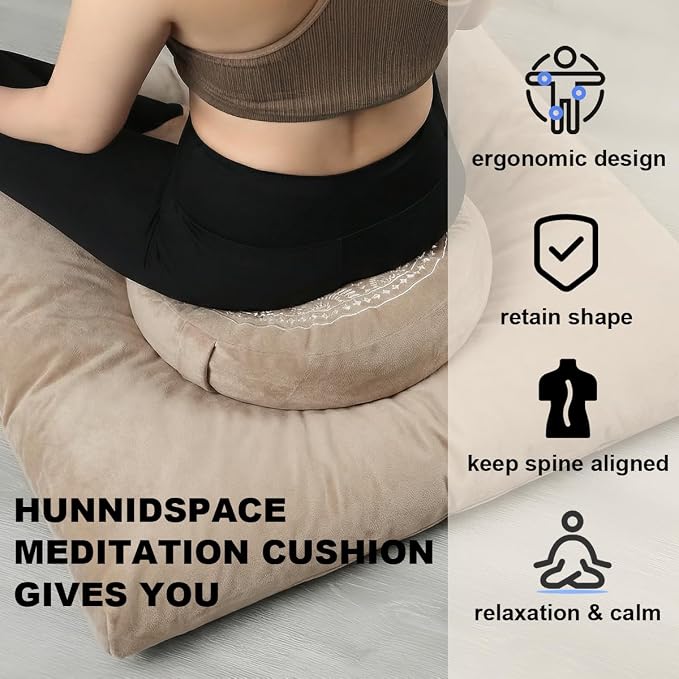 ellier Meditation Cushion Set-Large Velvet Floor Pillow & Traditional Tibetan Yoga Bolster for Adults,Zafu Meditation Mat with Buckwheat,Zabuton Meditation Cushion with Memory Foam