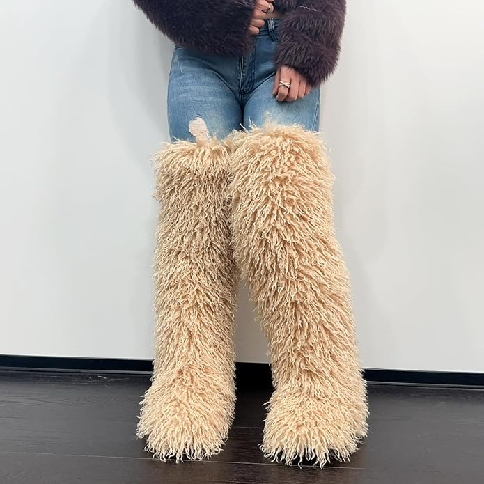 SWEETHEART BEAUTY Thigh High Shagy Teddy Fur Boots, 29 Inch Over the Knee Length Fluffy High Boots, Tall Furry Shoes For Women