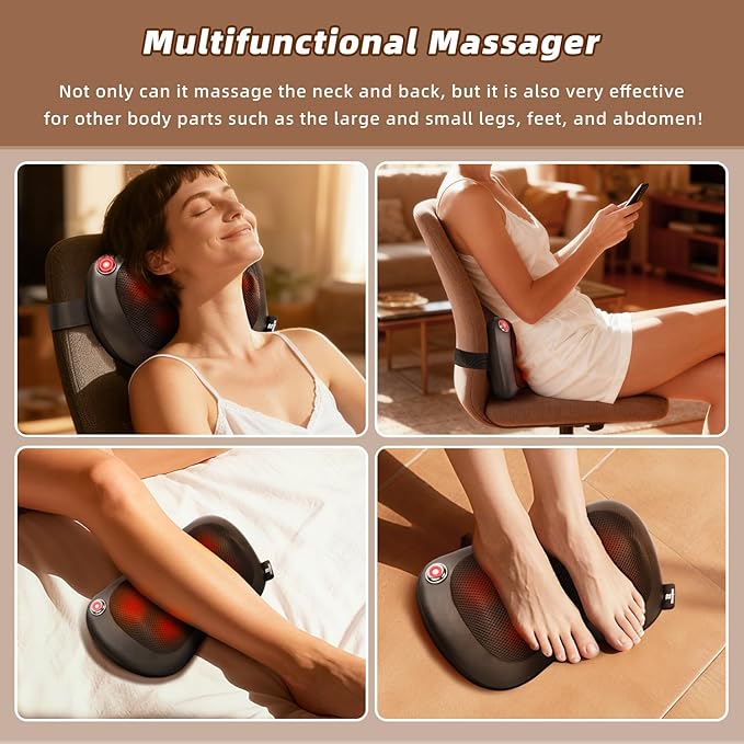 Zenopax Shiatsu Back and Neck Massager with Heat, 3D Deep Tissue Kneading, Cordless Rechargeable Electric Massage Pillow for Muscle Pain Relief, Use at Home, Car, Office, Gifts for Men Women