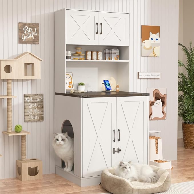 71Inches Tall Cat Litter Box Enclosure for Cats W/Power Outlets,Open Shelves.Wooden Pet Washroom Furniture W/Locks,Cabinet.Indoor Cats House,Hidden Cat Litter Box for Living Room,Bedroom(White-2)
