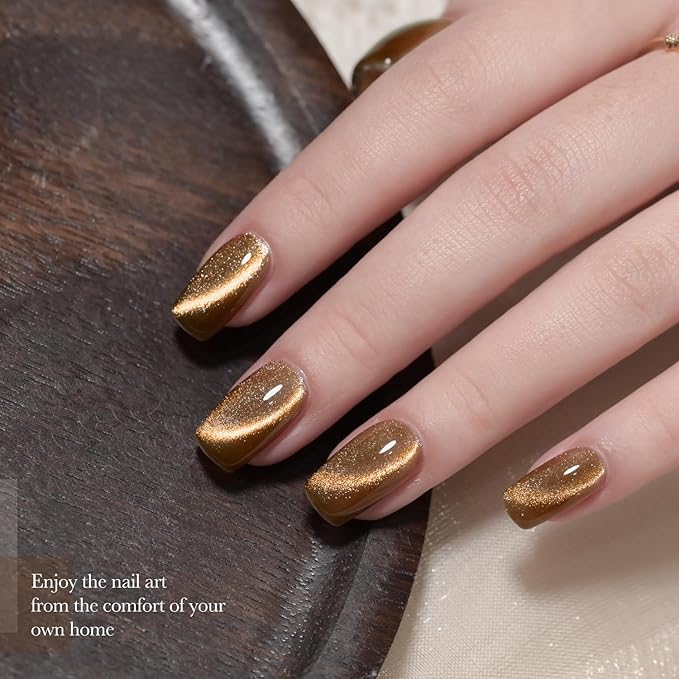 GAOY Jelly Brown Cat Eye Gel Nail Polish, 16ml Glitter Holographic Nail Polish with Magnet, Reflective Translucent UV Gel, 2958 Caramel Shine