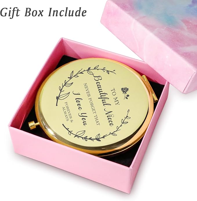 Niece Gifts from Aunt Uncle, Personalized Gift for Niece, Custom Compact Mirror, Goodie Bag & Basket Stuffers for Valentines Day, Mothers Day, Graduation, Birthday, Wedding