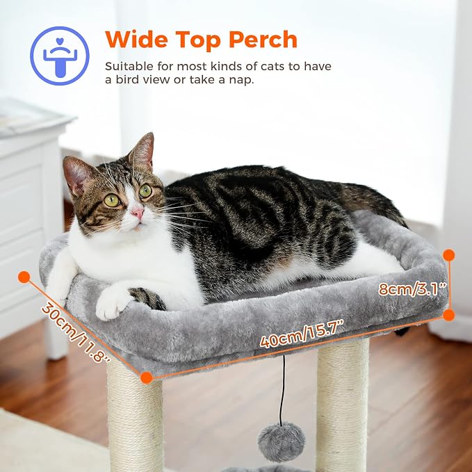 PEQULTI Indoor Cat Tree Tower Small Cats, Sisal Post & Cozy Condo, Grey | Private soft cat condo, soft top perch, natural sisal scratch posts, plush pom-pom toy for indoor kitties
