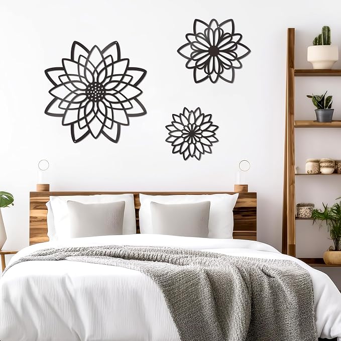Zzbakress 3 Pcs Metal Flowers Wall Art Bathroom Wall Decor(Black Concise) | Farmhouse Flower Bathroom Decor Wall Decorations For Bathroom, Living Room, Office, Kitchen, Hallway And Outdoor