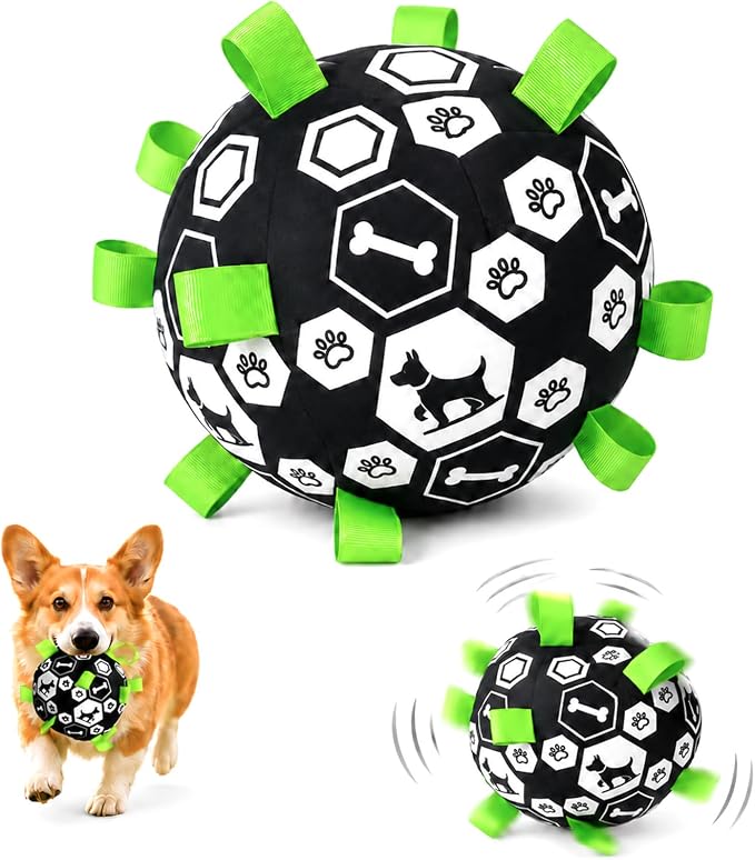 Dog Toys Dog Balls, Dog Soccer Ball Toy with Strap & Built-in Bell