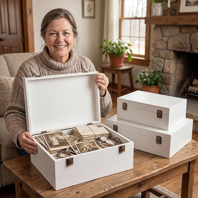 Sliner 3 Pcs Wooden Decorative Storage Boxes with Lids Vintage Wood Organizer Bins for Your Bookshelf Home Decor Safely Store Photos Documents Memory Jewelry Craft Storage (White,S M L Size)