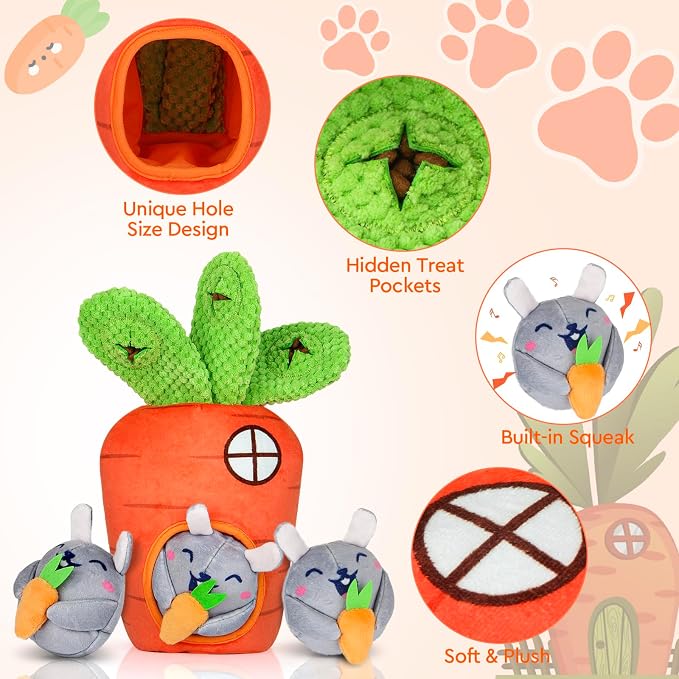 Interactive Hide and Seek Squeaky Dog Plush Toy for Small Dogs, Carrot and Bunny Set, 4 Pack Set