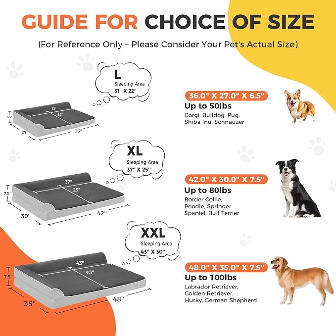 Orthopedic Dog Bed for Medium Size Dog, 36"x27", Grey Flannel | Waterproof, Washable Cover, L-Shaped Pet Couch, Egg-Crate Foam for Pressure Relief, Portable Handle