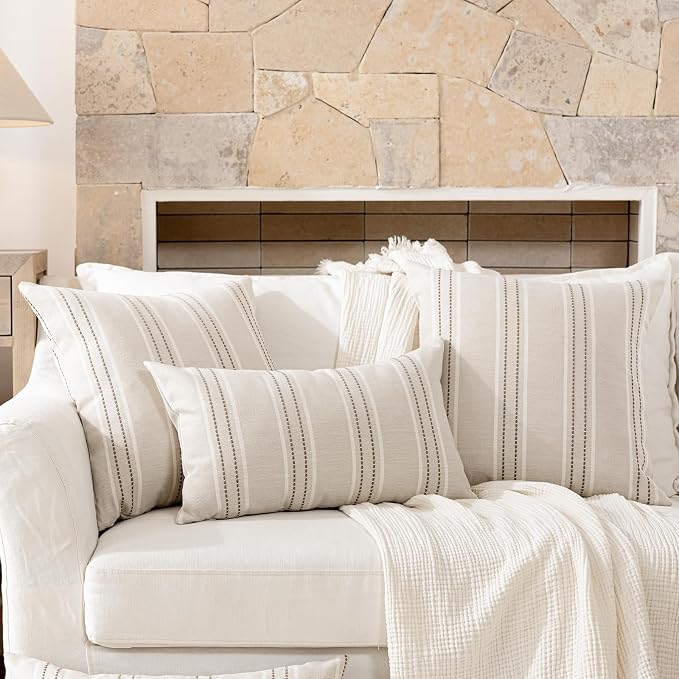 Hckot Striped Throw Pillow Covers 22x22 Set of 2 Taupe Pillow Covers | Farmhouse Decorative Pillows Textured Linen Square Cushion Covers for Sofa Couch Bed Living Room Decor(Taupe)