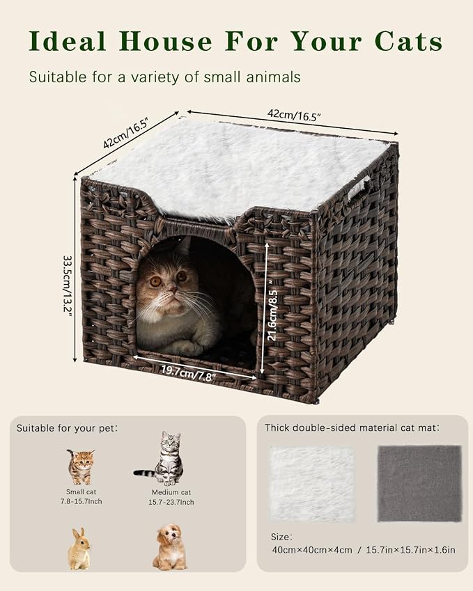 SETVSON Cat Beds Indoor Kitten House, Handwoven PE Rattan Cave, Brown | Double-Layer Rattan Pet Cube, Double-Sided Cushion Bed, Foldable Steel Frame, 2 S-Hooks, 16.5x16.5x13.2 In Hideaway