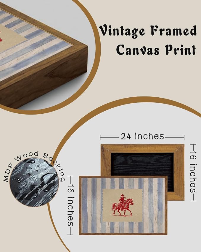 ZZLWBKGL Western Wall Decor Cowboy Canvas Art Vintage Framed Wall Art | Country West Stamp Artwork Mid Century Aesthetic for Living Room Bedroom 16x24in