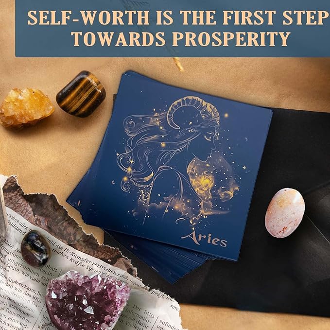 Faivykyd Aries Crystals Gifts for Women - 6 Aries Zodiac Healing Stones w/ 50 Miracle Mantras Affirmation Cards, Inspirational Astrology Gifts for Promoting Positive Energy, Self-Care & Love